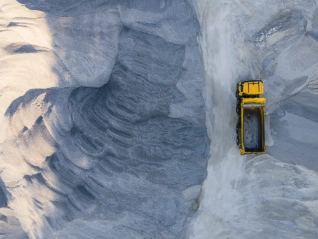 Overhead view of construction vehicle in a quarry