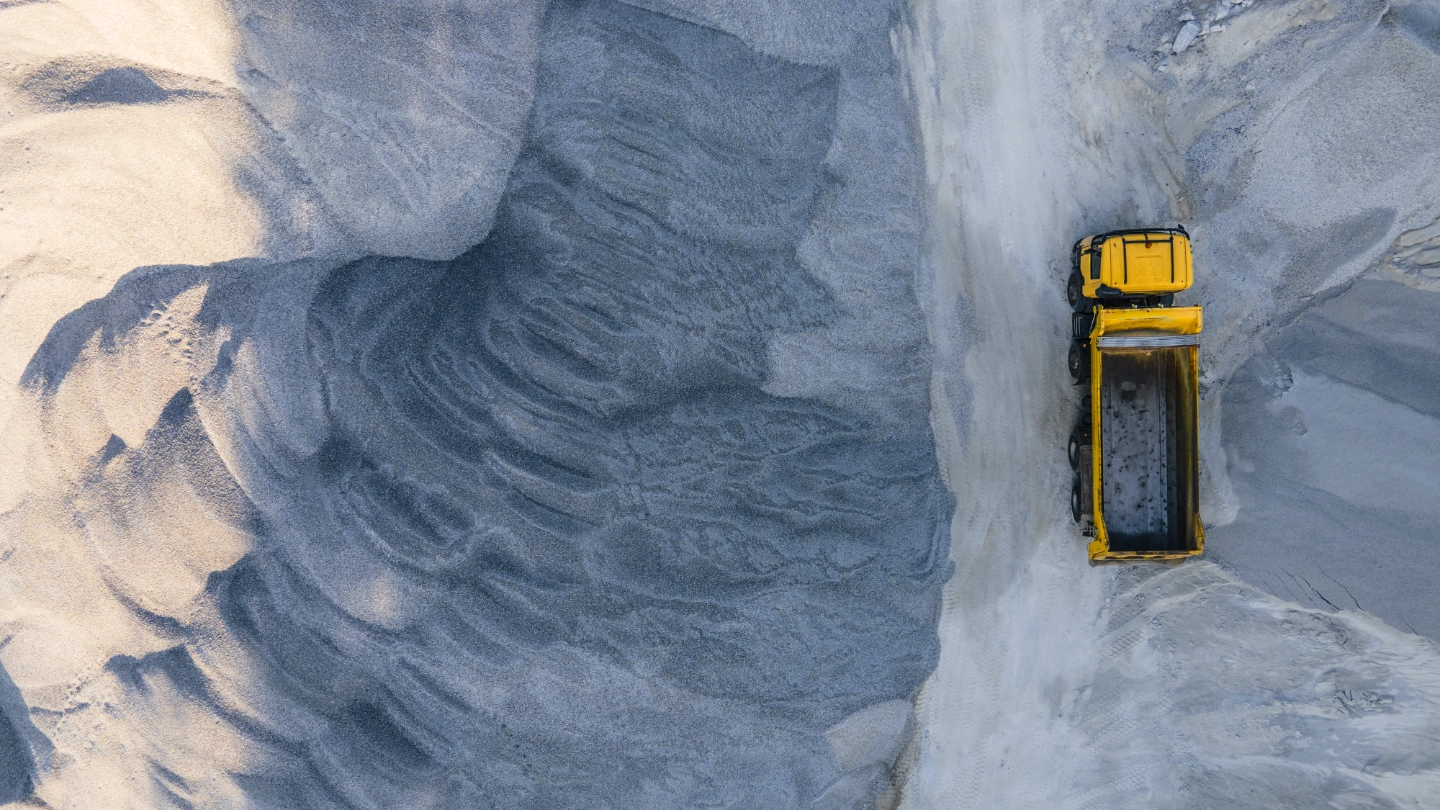 Overhead view of construction vehicle in a quarry